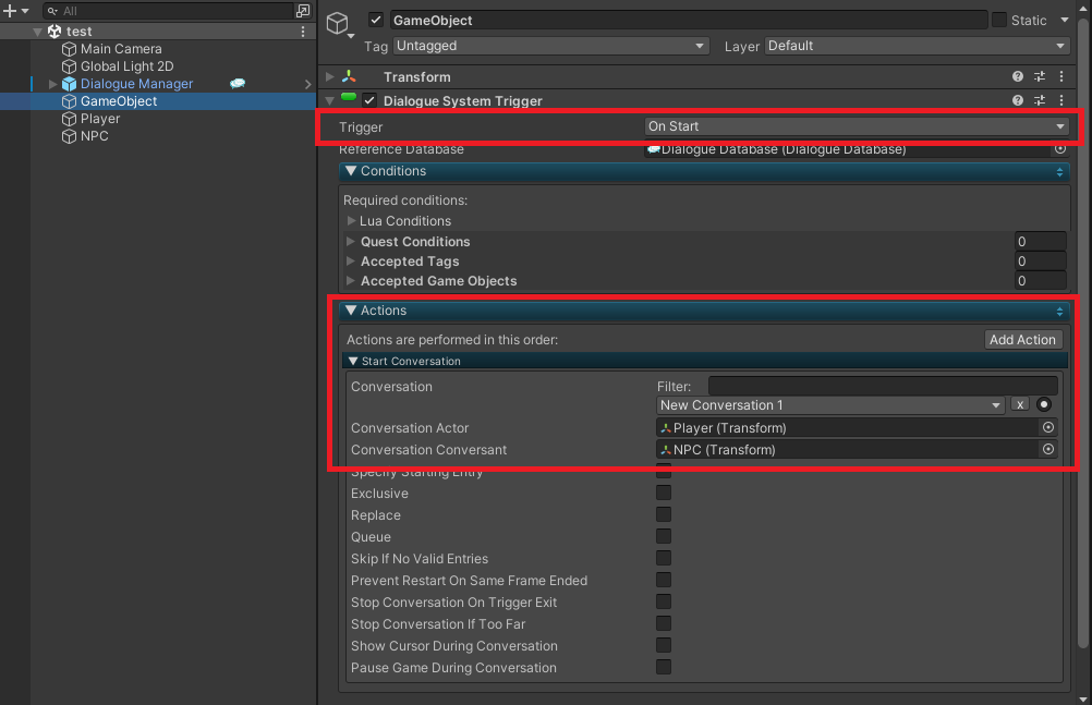 Dialogue System Triggerにパラメータを設定した画面