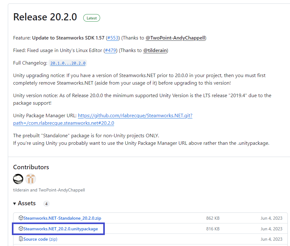 Steamworks.NET_20.2.0.unitypackageのダウンロードサイト